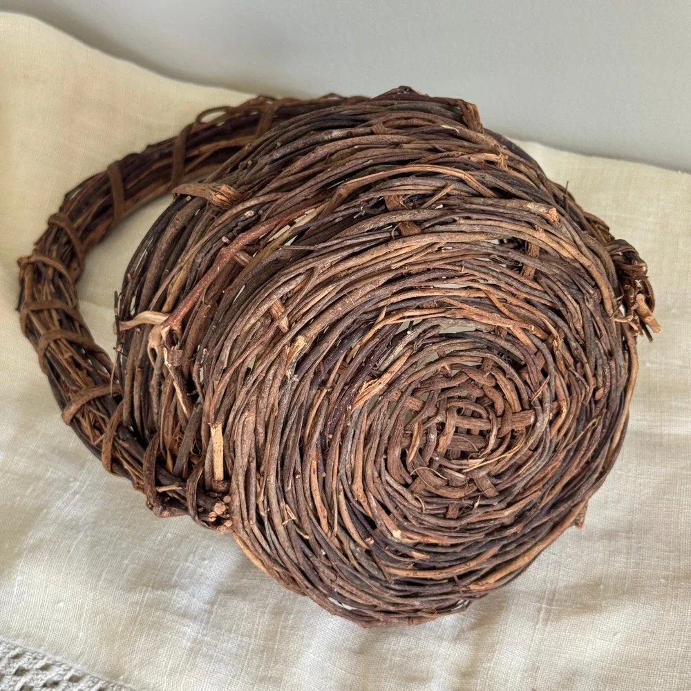 Rustic Grapevine Woven Basket with Handle Natural Wood Farmhouse Decor Primitive